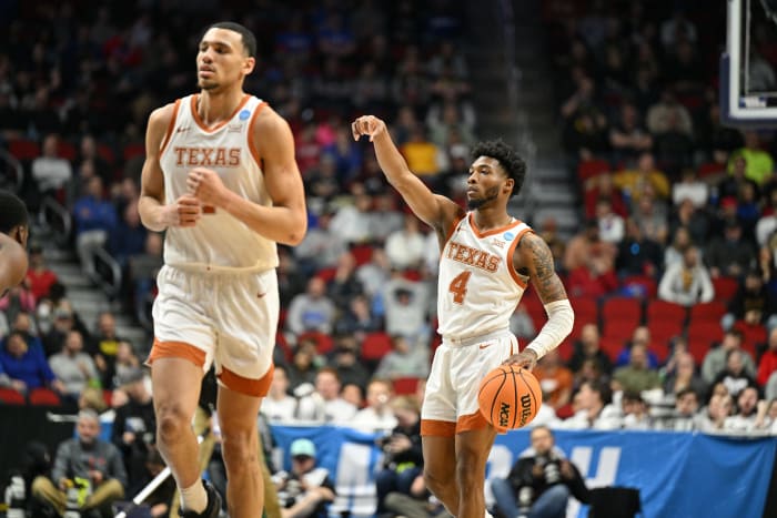 Texas Longhorns guard Tyrese Hunter (4) brings the ball up court against the Penn State Nittany Lions during the second half at Wells Fargo Arena.